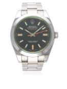 A GENTLEMAN'S STAINLESS STEEL ROLEX OYSTER PERPETUAL "GREEN GLASS" MILGAUSS BRACELET WATCH DATED