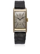 A GENTLEMAN'S 9CT SOLID GOLD OMEGA RECTANGULAR WRIST WATCH CIRCA 1930s  D: Two tone silver dial with