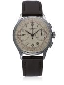 A GENTLEMAN`S LEONIDAS CHRONOGRAPH WRIST WATCH CIRCA 1950s D: Silver dial with black Arabic