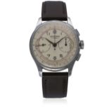 A GENTLEMAN`S LEONIDAS CHRONOGRAPH WRIST WATCH CIRCA 1950s D: Silver dial with black Arabic