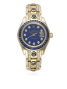 A FINE & RARE LADIES 18K SOLID GOLD, SAPPHIRE & DIAMOND ROLEX OYSTER PERPETUAL PEARLMASTER