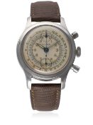 A GENTLEMAN'S STAINLESS STEEL ELOGA CHRONOGRAPH WRIST WATCH CIRCA 1940s  D: Silver two tone dial