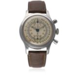 A GENTLEMAN'S STAINLESS STEEL ELOGA CHRONOGRAPH WRIST WATCH CIRCA 1940s  D: Silver two tone dial