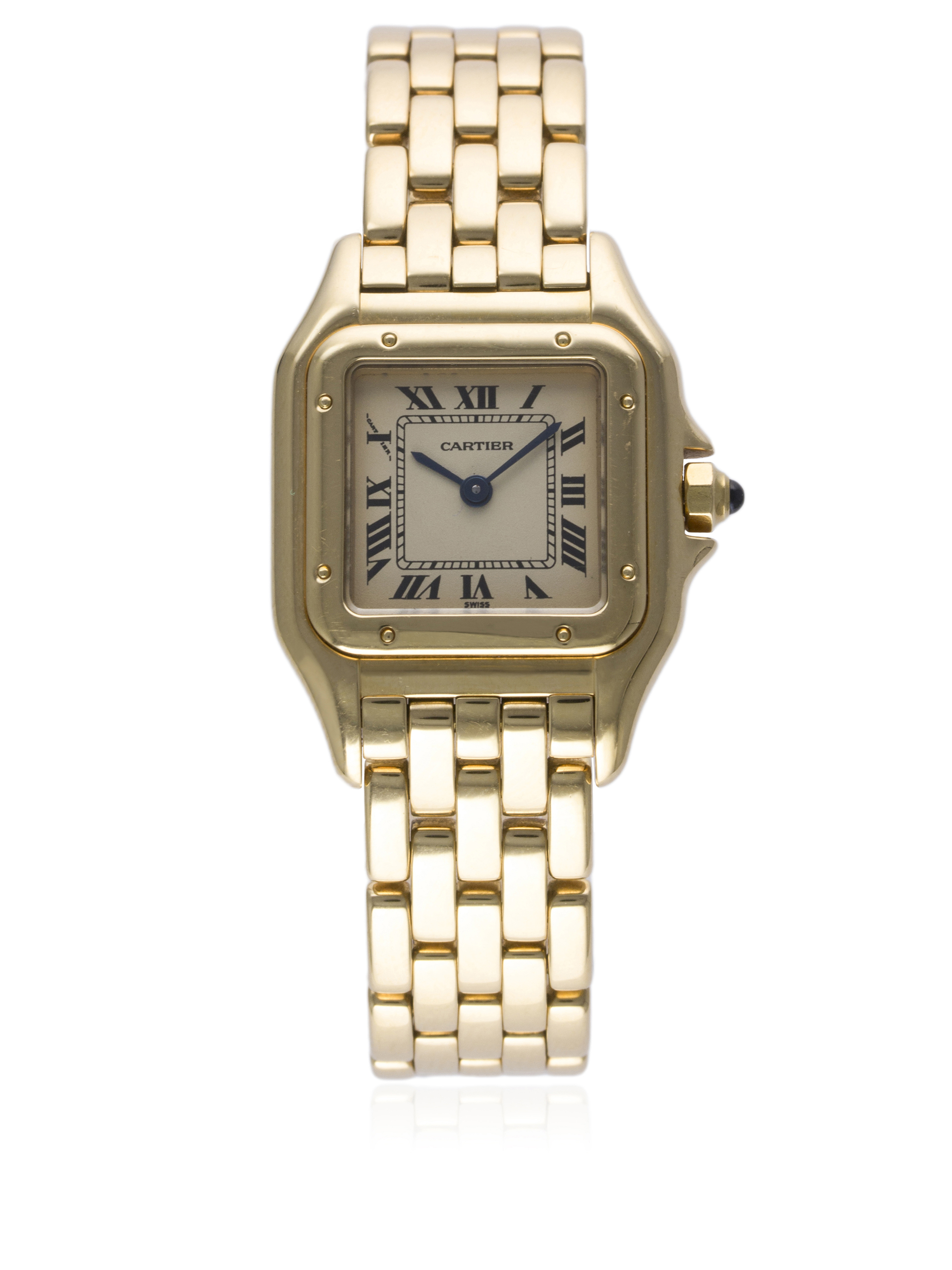 A LADIES 18K SOLID GOLD CARTIER PANTHERE BRACELET WATCH CIRCA 1990s D: Silver dial with black