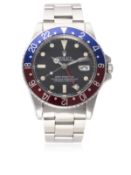 A GENTLEMAN'S STAINLESS STEEL ROLEX OYSTER PERPETUAL DATE GMT MASTER BRACELET WATCH CIRCA 1983, REF.