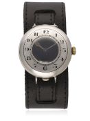 A GENTLEMAN'S SOLID SILVER HALF HUNTER WRIST WATCH CIRCA 1918  D: Black enamel dial with Arabic