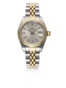 A LADIES STEEL & GOLD ROLEX OYSTER PERPETUAL DATE BRACELET WATCH CIRCA 1987, REF. 69173 D: Silver