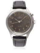 A RARE GENTLEMAN'S STAINLESS STEEL SWEDISH MILITARY LEMANIA TG 195 CHRONOGRAPH WRIST WATCH DATED