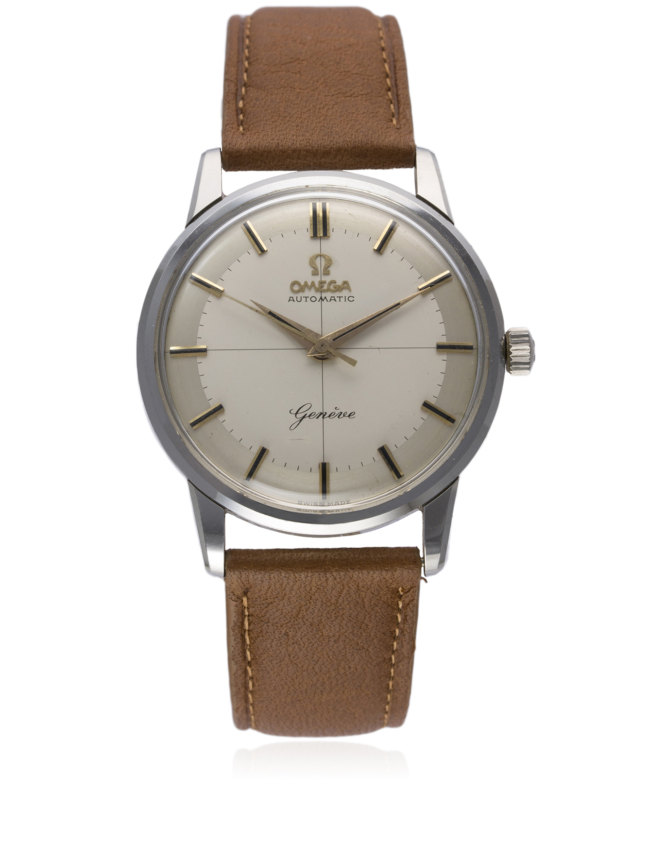 A GENTLEMAN'S STAINLESS STEEL OMEGA GENEVE AUTOMATIC WRIST WATCH CIRCA 1954, REF. 14702-3 SC  D: Two