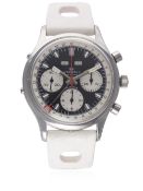 A RARE GENTLEMAN’S LARGE SIZE STAINLESS STEEL WAKMANN TRIPLE CALENDAR CHRONOGRAPH WRIST WATCH