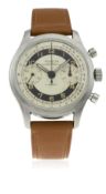 A GENTLEMAN'S STAINLESS STEEL INVICTA CHRONOGRAPH WRIST WATCH CIRCA 1950 D: Two tone dial with