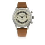 A GENTLEMAN'S STAINLESS STEEL INVICTA CHRONOGRAPH WRIST WATCH CIRCA 1950 D: Two tone dial with