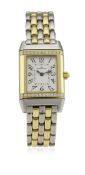 A LADIES STAINLESS STEEL & 18K SOLID GOLD & DIAMOND JAEGER LECOULTRE REVERSO BRACELET WATCH CIRCA