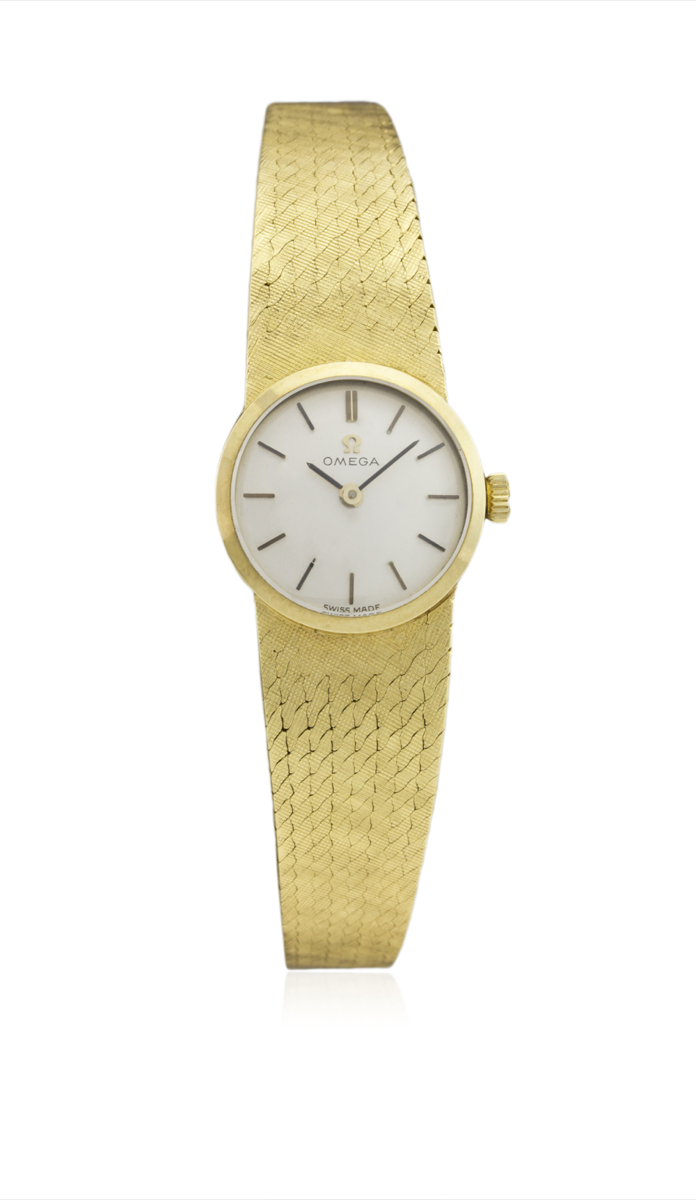 A LADIES 18K SOLID GOLD OMEGA BRACELET WATCH CIRCA 1969 D: Silver dial with black inlaid silver