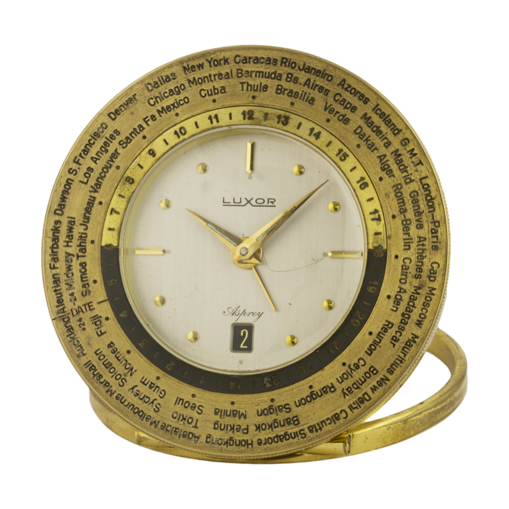 AN 8 DAY LUXOR WORLD TIME ALARM DESK CLOCK CIRCA 1960s, REF. 1005 RETAILED BY ASPREY D: Silver