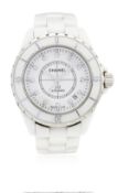 A LADIES WHITE CERAMIC & DIAMOND CHANEL J12 AUTOMATIC BRACELET WATCH DATED 2012, REF. H0970 WITH