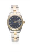 A LADIES STEEL & GOLD ROLEX OYSTER PERPETUAL DATEJUST BRACELET WATCH CIRCA 1995  D: Blue dial with