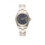 A LADIES STEEL & GOLD ROLEX OYSTER PERPETUAL DATEJUST BRACELET WATCH CIRCA 1995  D: Blue dial with