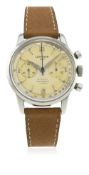 A GENTLEMAN'S STAINLESS STEEL LEMANIA 105 CHRONOGRAPH WRIST WATCH CIRCA 1950s  D: Silver dial with