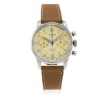 A GENTLEMAN'S STAINLESS STEEL LEMANIA 105 CHRONOGRAPH WRIST WATCH CIRCA 1950s  D: Silver dial with