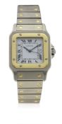 A GENTLEMAN'S STEEL & GOLD CARTIER SANTOS AUTOMATIC BRACELET WATCH CIRCA 1990s D: White dial with