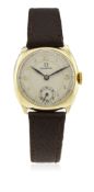 A GENTLEMAN'S 9CT SOLID GOLD OMEGA WRIST WATCH CIRCA 1935 D: Silver dial with gilt Arabic