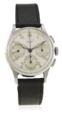 A RARE GENTLEMAN'S STAINLESS STEEL JAEGER CHRONOGRAPH WRIST WATCH CIRCA 1945, REF. 5184 WITH JLC BOX