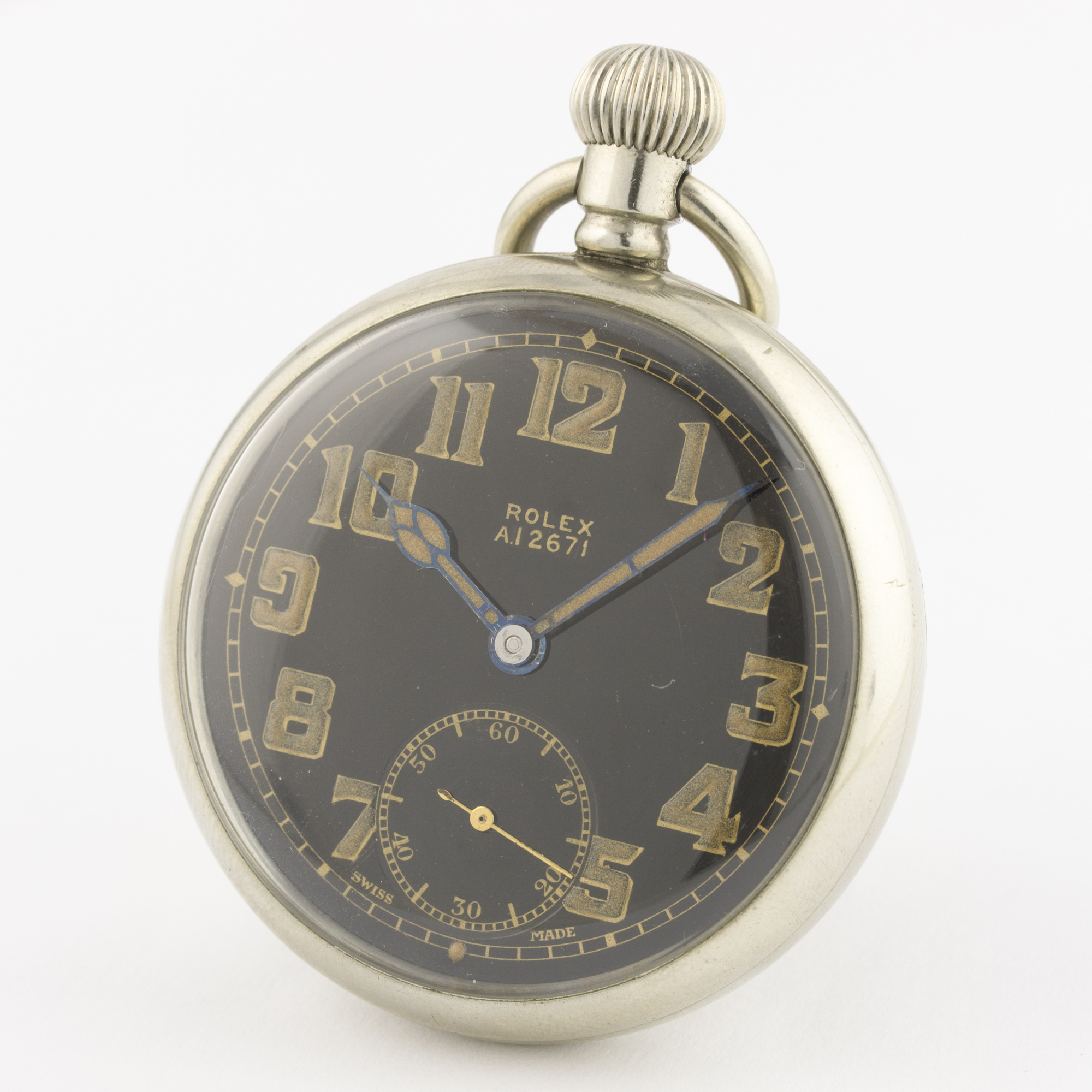 A GENTLEMAN'S NICKEL CASED ROLEX BRITISH MILITARY POCKET WATCH CIRCA 1930s D: Black enamel dial with - Image 3 of 8