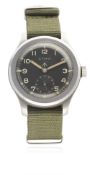 A GENTLEMAN'S STAINLESS STEEL BRITISH MILITARY CYMA W.W.W. WRIST WATCH CIRCA 1940s D: Black dial