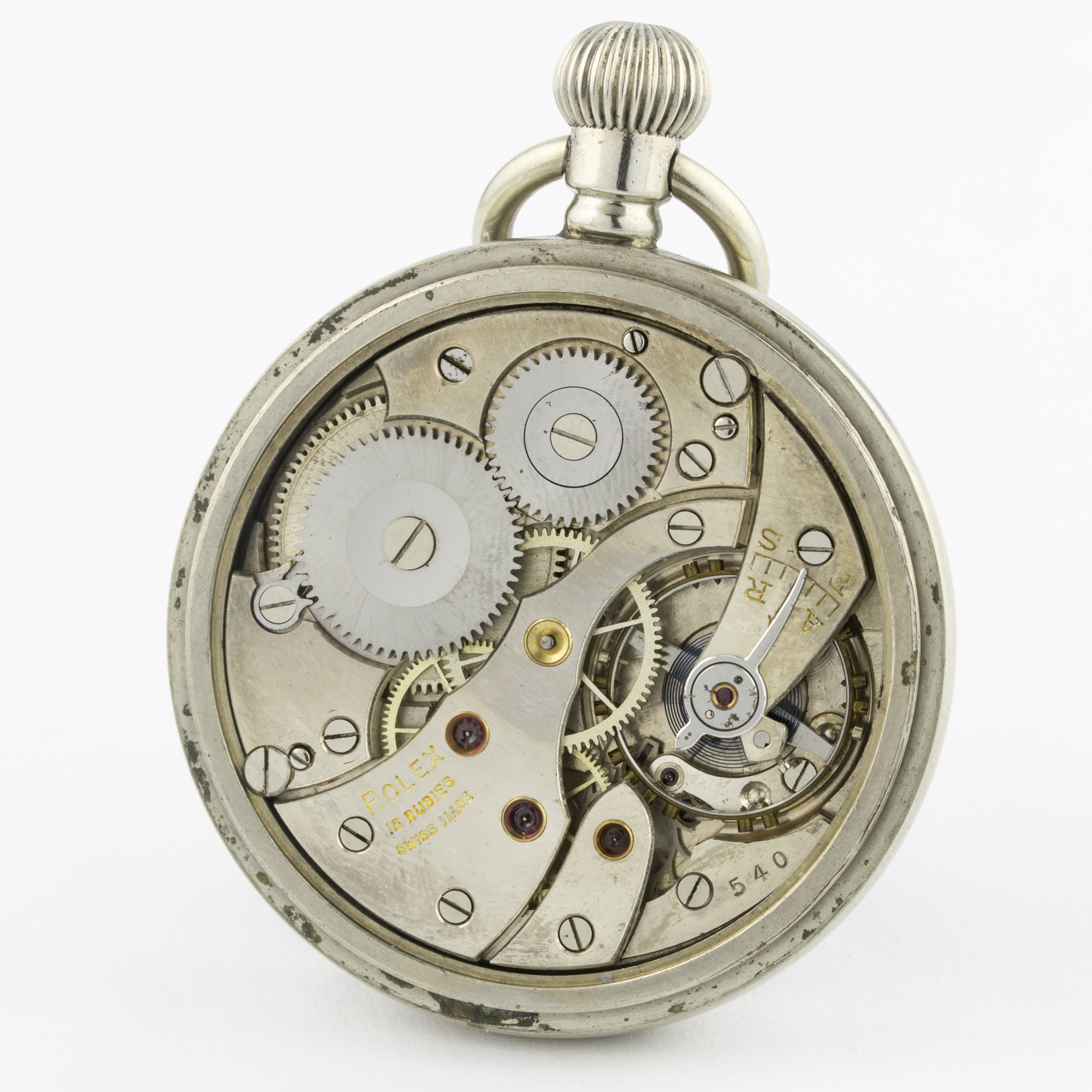 A GENTLEMAN'S NICKEL CASED ROLEX BRITISH MILITARY POCKET WATCH CIRCA 1930s D: Black enamel dial with - Image 6 of 8