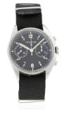 A RARE GENTLEMAN'S STAINLESS STEEL BRITISH MILITARY NEWMARK CHRONOGRAPH RAF PILOTS WRIST WATCH DATED