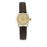 A RARE LADIES STEEL & PINK GOLD ROLEX OYSTER PERPETUAL DATE WRIST WATCH CIRCA 1965, REF. 6517 D: