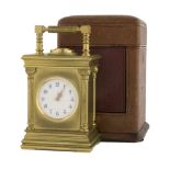 A RARE 8 DAYS MINUTE REPEATING BRASS CASED MINIATURE CARRIAGE CLOCK CIRCA 1900, WITH ORIGINAL TRAVEL