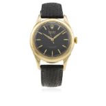 A GENTLEMAN'S 9CT SOLID GOLD ROLEX PERPETUAL WRIST WATCH CIRCA 1950 D: Black dial with gilt "pencil"