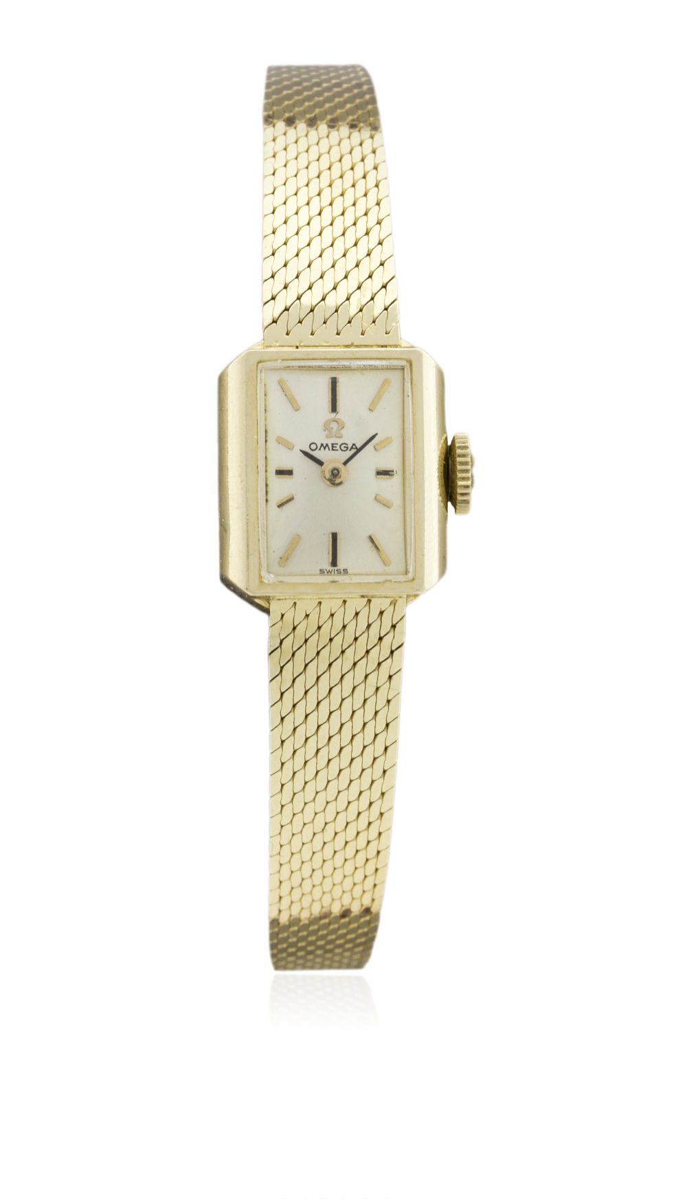 A LADIES 14K SOLID GOLD OMEGA BRACELET WATCH CIRCA 1966 D: Silver dial with gilt batons & black