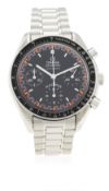 A GENTLEMAN'S STAINLESS STEEL OMEGA SPEEDMASTER AUTOMATIC RACING CHRONOGRAPH BRACELET WATCH CIRCA