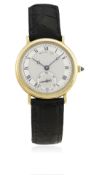A MID SIZE 18K SOLID GOLD BREGUET CLASSIQUE WRIST WATCH CIRCA 1990 D: Silver guilloche dial with
