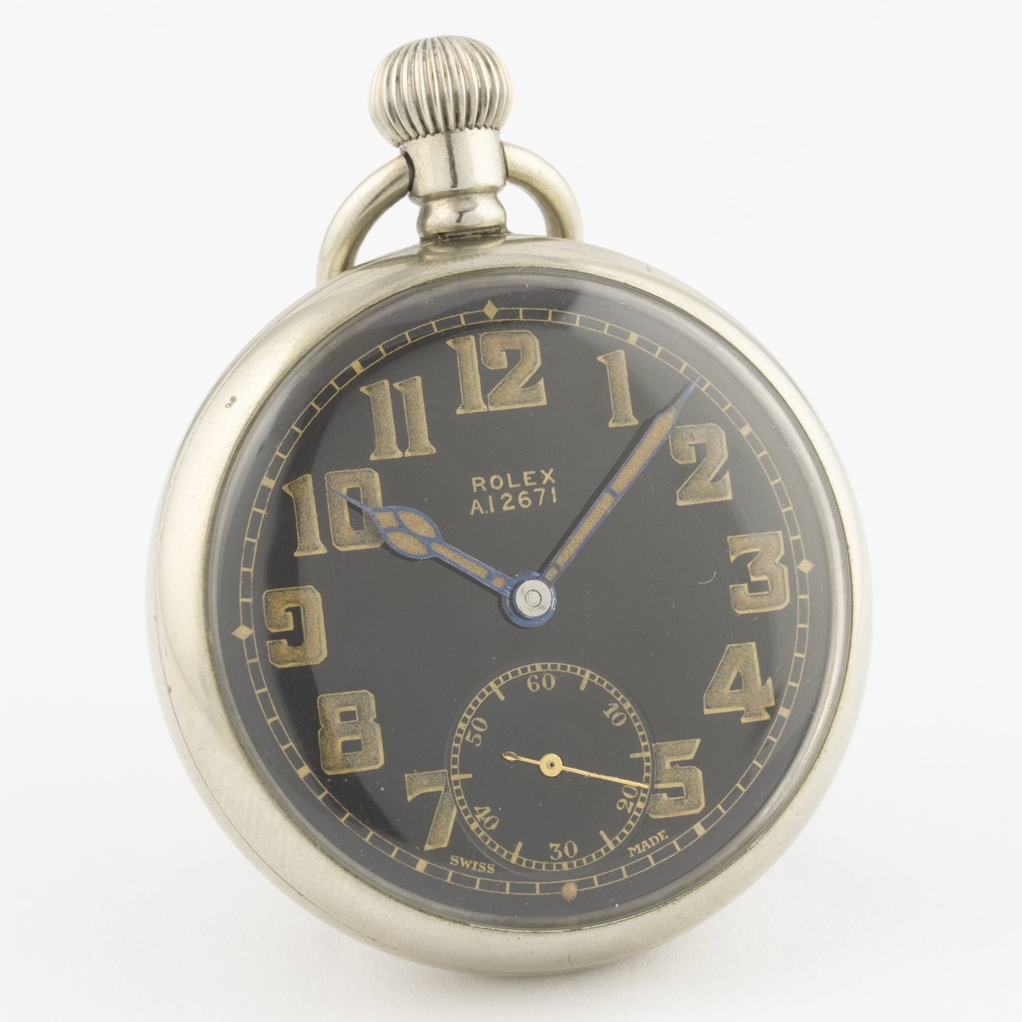 A GENTLEMAN'S NICKEL CASED ROLEX BRITISH MILITARY POCKET WATCH CIRCA 1930s D: Black enamel dial with - Image 4 of 8