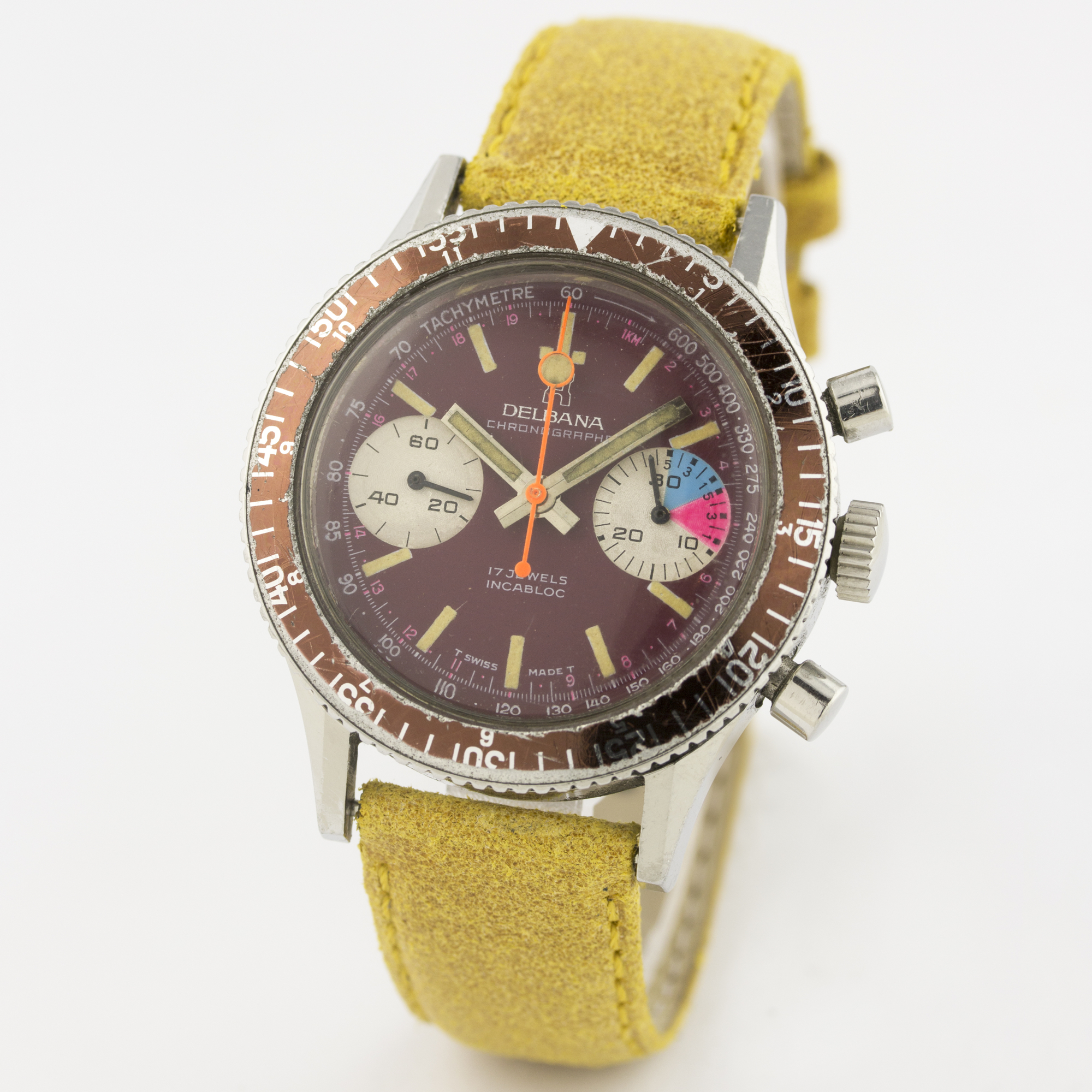 A GENTLEMAN'S STAINLESS STEEL DELBANA YACHTING CHRONOGRAPH WRIST WATCH CIRCA 1970s D: Red dial - Image 2 of 6