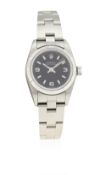 A LADIES STAINLESS STEEL ROLEX OYSTER PERPETUAL BRACELET WATCH CIRCA 2000, REF. 76030 D: Black "