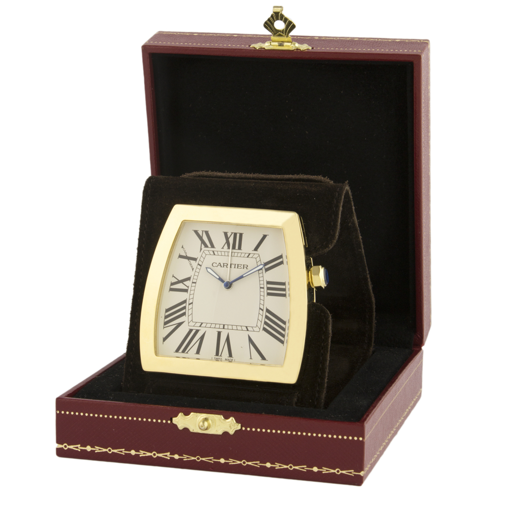 A CARTIER LA DONA TRAVEL ALARM DESK CLOCK CIRCA 2011, REF. 2985 WITH BOX & PAPERS D: Silver dial