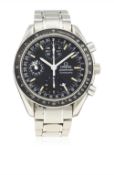 A GENTLEMAN'S STAINLESS STEEL OMEGA SPEEDMASTER AUTOMATIC TRIPLE CALENDAR CHRONOGRAPH BRACELET WATCH