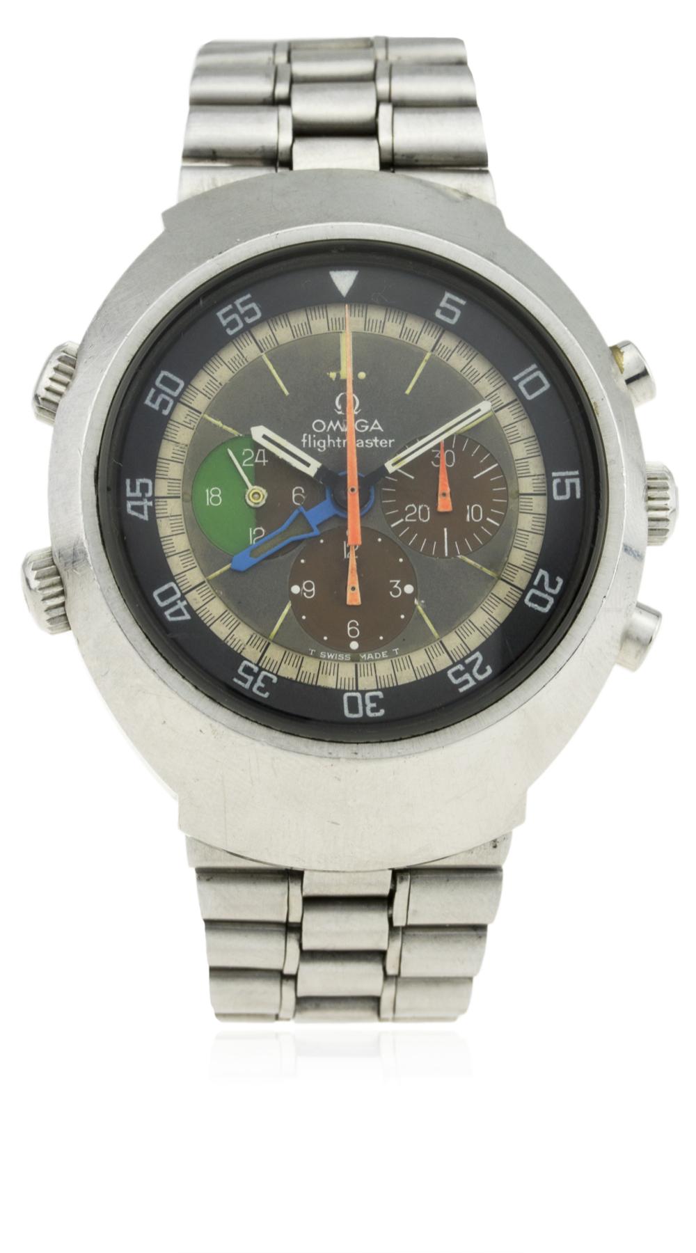 A RARE GENTLEMAN’S STAINLESS STEEL OMEGA FLIGHTMASTER CHRONOGRAPH BRACELET WATCH CIRCA 1970, REF.