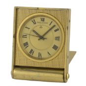 A GILT METAL JAEGER LECOULTRE ALARM TRAVEL CLOCK CIRCA 1970s D: Two piece champagne dial with