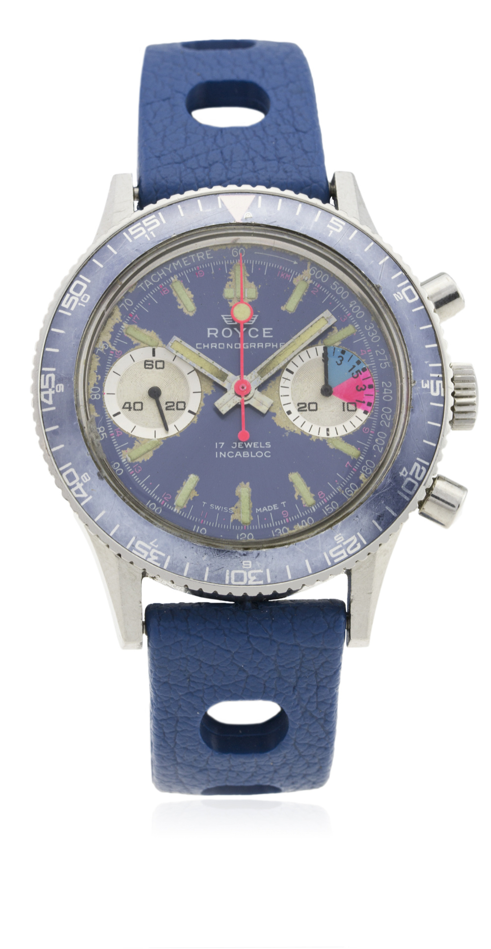 A GENTLEMAN'S STAINLESS STEEL ROYCE YACHTING CHRONOGRAPH WRIST WATCH CIRCA 1970s D: Blue sunburst