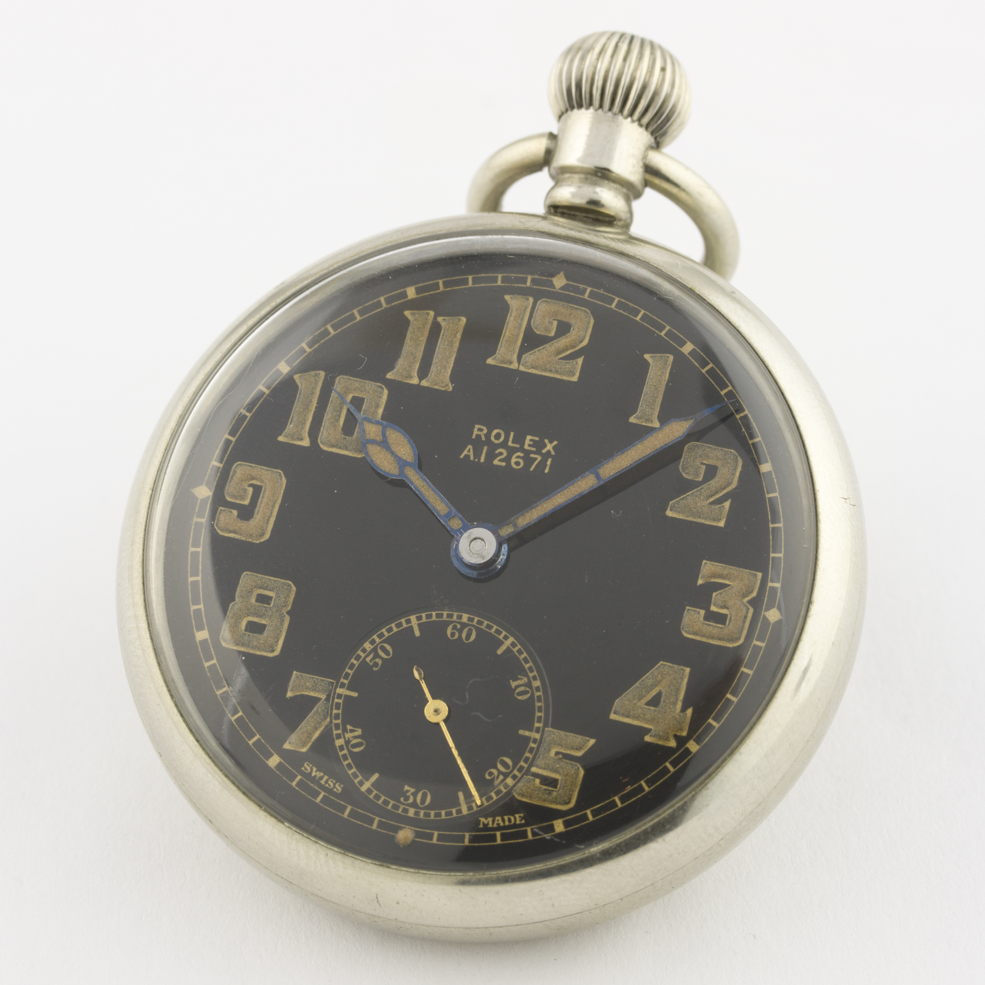 A GENTLEMAN'S NICKEL CASED ROLEX BRITISH MILITARY POCKET WATCH CIRCA 1930s D: Black enamel dial with - Image 2 of 8
