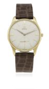 A GENTLEMAN'S 9CT SOLID GOLD OMEGA WRIST WATCH CIRCA 1958, REF. 2962 D: Silver dial with gilt batons