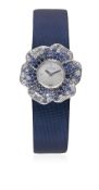 A LADIES 18K SOLID WHITE GOLD, DIAMOND & SAPPHIRE CHANEL CAMELIA WRIST WATCH DATED 2011, REF.