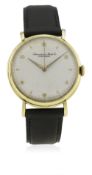 A GENTLEMAN'S 18K SOLID GOLD IWC WRIST WATCH CIRCA 1950s D: Silver dial with bi-hourly gilt Arabic