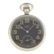 A GENTLEMAN'S NICKEL CASED ROLEX BRITISH MILITARY POCKET WATCH CIRCA 1930s D: Black enamel dial with